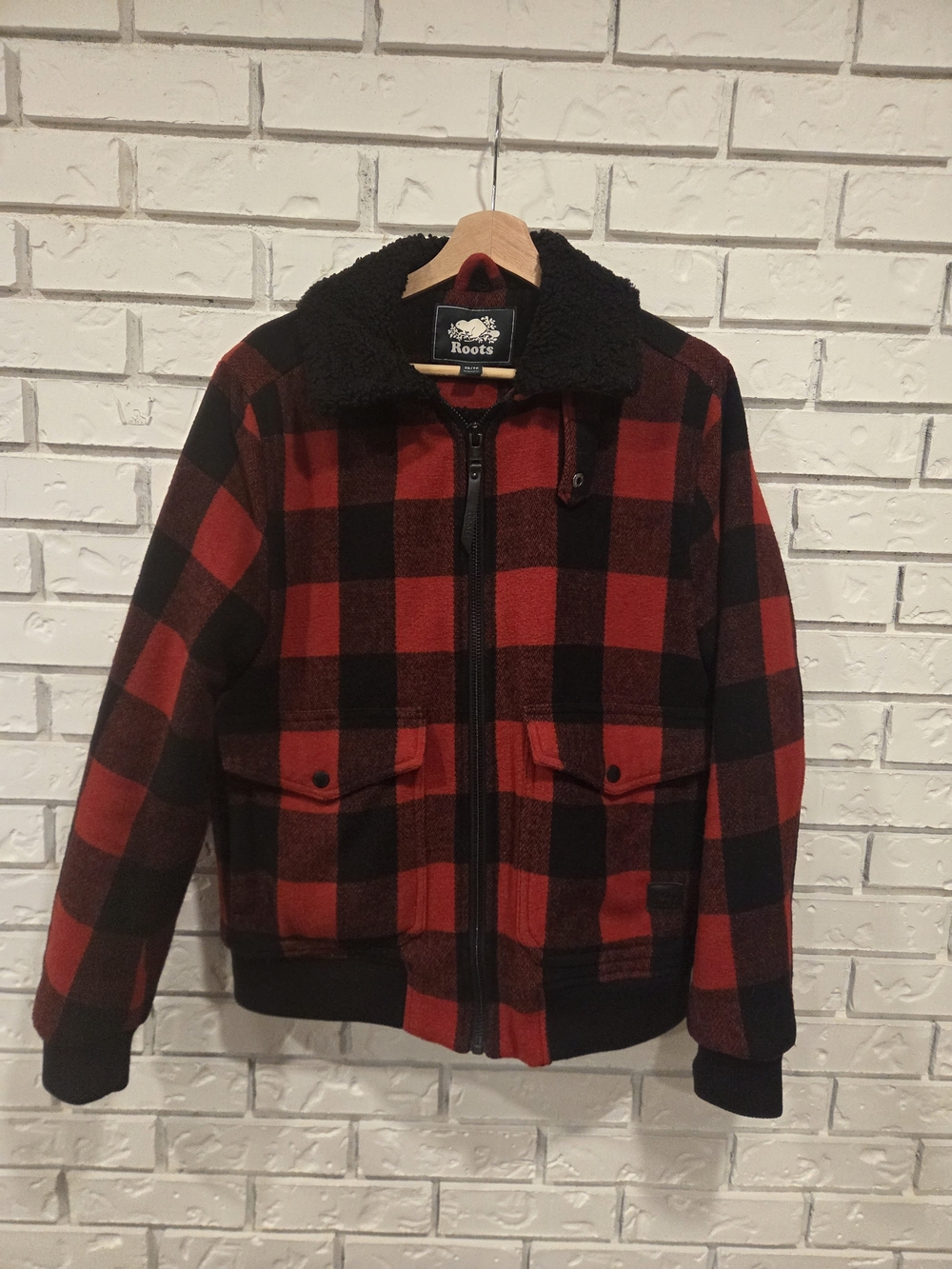 Roots Red & Black Plaid Sherpa-Collar Bomber Jacket